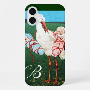 STORK TWIN BABY SHOWER MONOGRAM iPhone 16 PLUS CASE