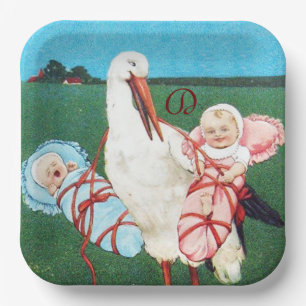 STORK TWIN BABY SHOWER MONOGRAM PAPER PLATE