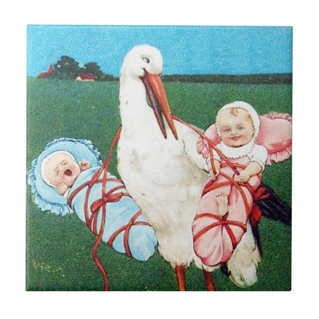 STORK TWIN BABY SHOWER MONOGRAM TILE (Front)