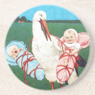 STORK TWIN BABY SHOWER, Pink ,Teal Blue Coaster