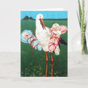 STORK TWIN BABY SHOWER, Pink ,Teal Blue Thank You Card