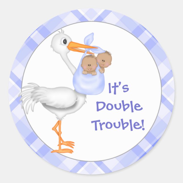 Stork & Twin Boys (dark skin) Baby Announcement Classic Round Sticker (Front)