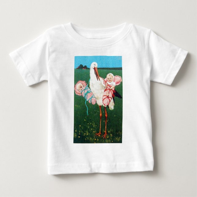 STORK TWIN GIRL BABY SHOWER, Pink White T-Shirt (Front)