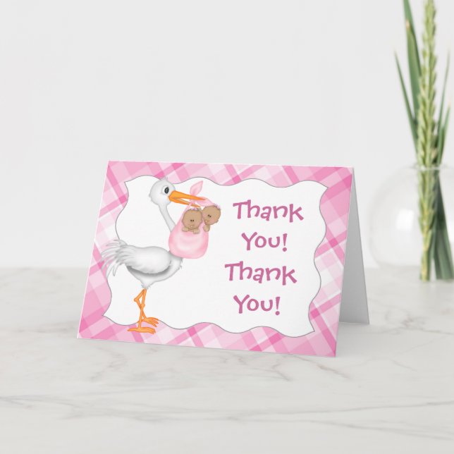 Stork & Twin Girls (dark skin) Thank You Card (Front)