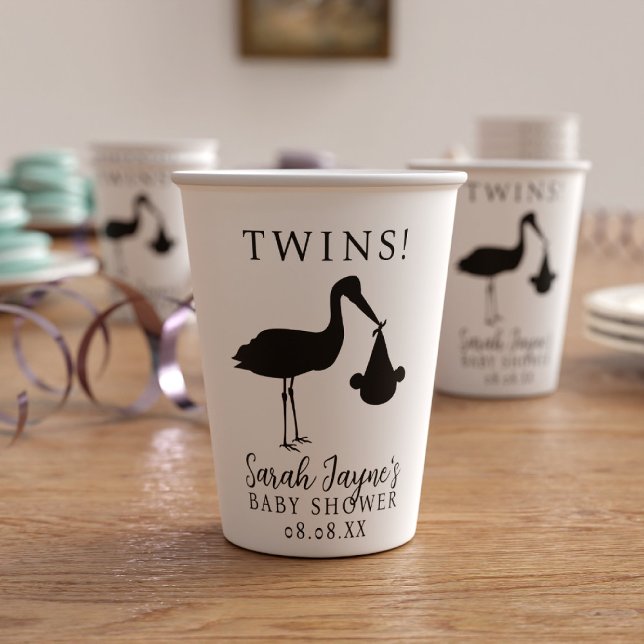 Stork Twins Black and White Baby Shower Paper Cups (A stylish black and white stork baby shower paper cup perfect for your twin baby shower)