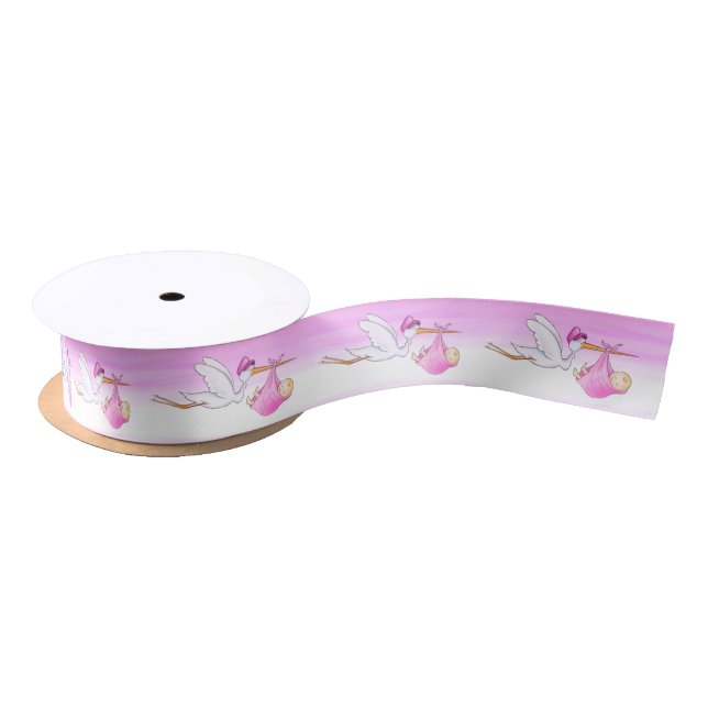 Stork watercolor art baby girl shower satin ribbon (Spool)