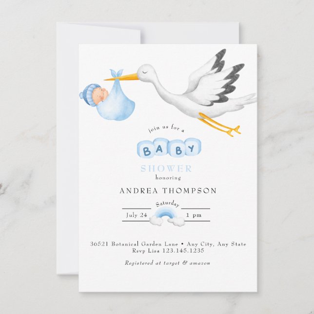 Stork | Watercolor Baby Boy Shower Invitation (Front)