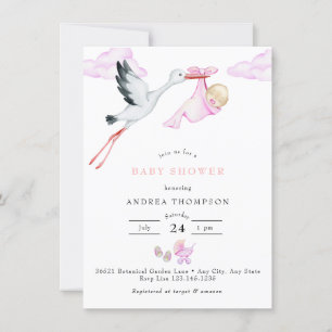 Stork Watercolor Baby Girl Shower Invitation