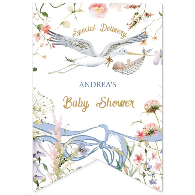 Stork Wildflower Ribbon and Bow Baby Shower Bunting (First Flag)