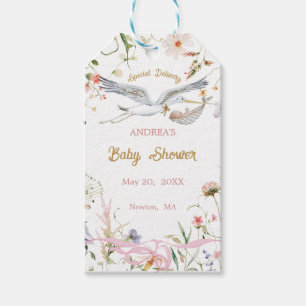 Stork Wildflower Ribbon Baby Shower Gift Tags