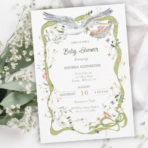 Stork Wildflower Ribbon Baby Shower  Invitation