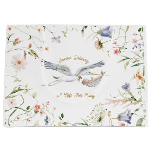 Stork Wildflower Ribbon Baby Shower Large Gift Bag