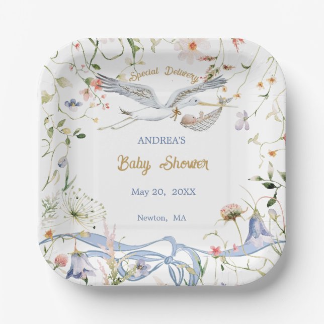 Stork Wildflower Ribbon Baby Shower Paper  Paper Plate (Front)