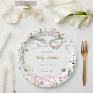 Stork Wildflower Ribbon Baby Shower Paper  Plate