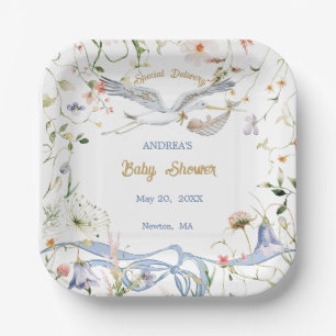 Stork Wildflower Ribbon Baby Shower Paper  Plate