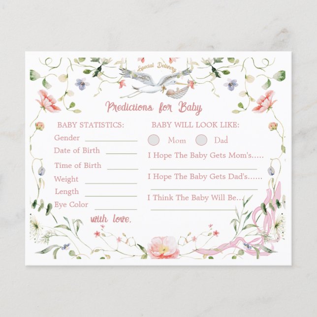 Stork Wildflower Ribbon Baby Shower Predictions (Front)