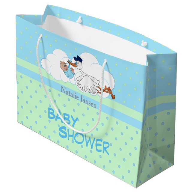 Stork with a Cute Little Baby Boy Large Gift Bag (Back Angled)