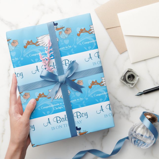 Stork with a Cute Little Baby Boy Wrapping Paper (Gifting)