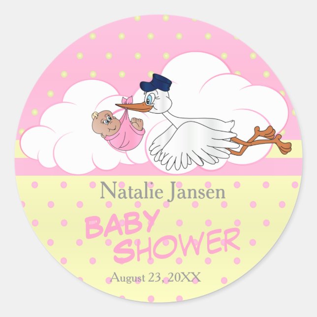 Stork with a Cute Little Baby Girl Classic Round Sticker (Front)