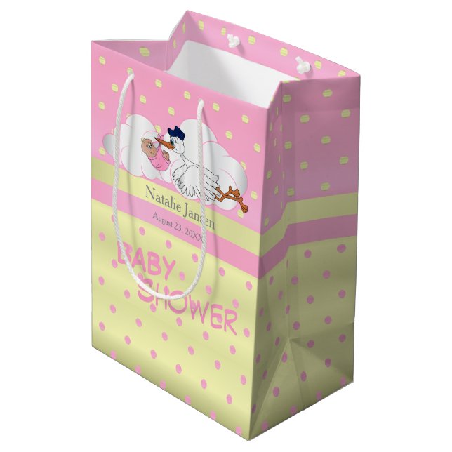 Stork with a Cute Little Baby Girl Medium Gift Bag (Back Angled)