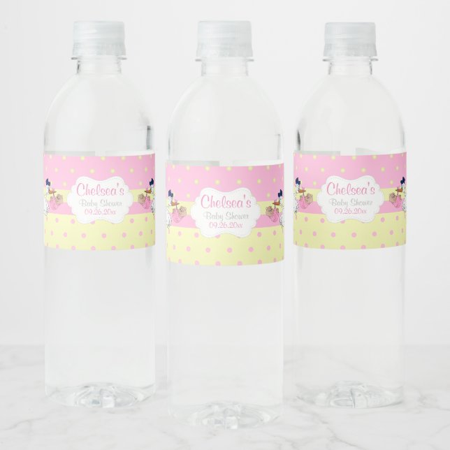 Stork with a Cute Little Baby Girl Water Bottle Label (Bottles)