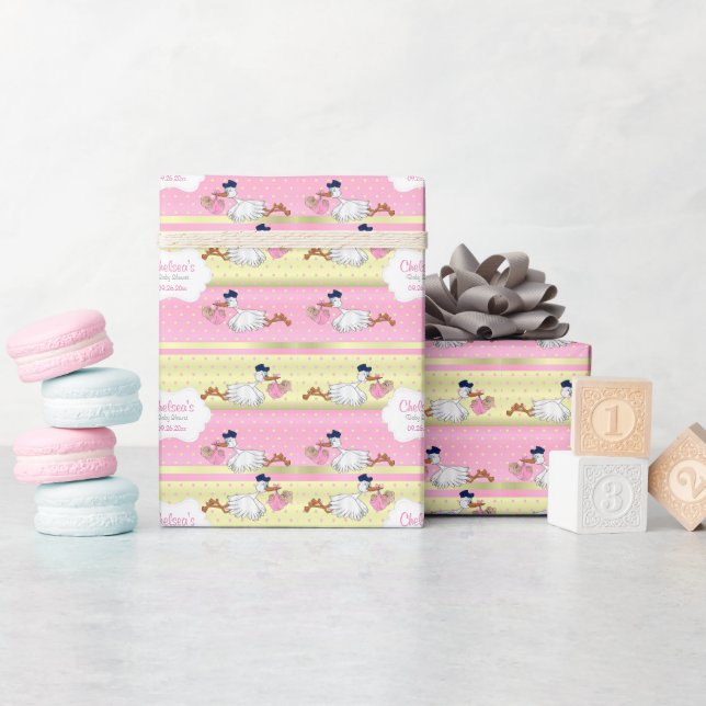 Stork with a Cute Little Baby Girl Wrapping Paper (Baby Shower)