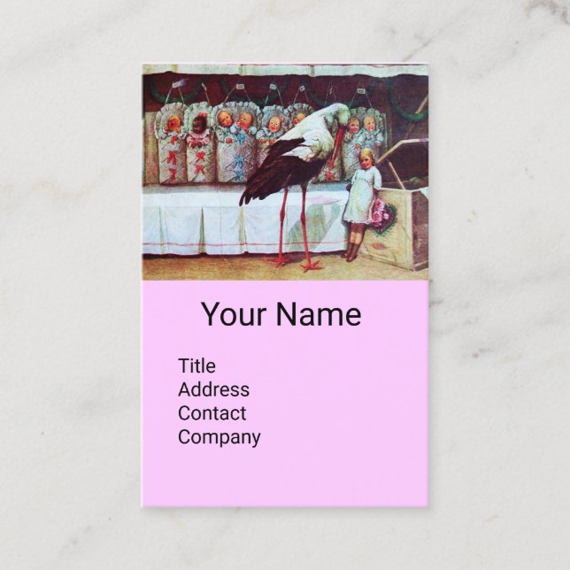 STORK WITH BABIES ,PINK LILAC BABY NURSERY BUSINESS CARD (Front)