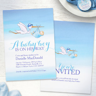 Stork with baby boy baby shower invitations