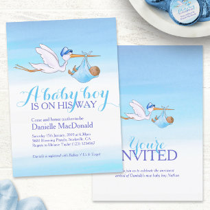 Stork with baby boy baby shower invitations