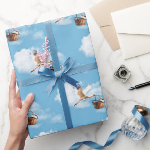 Stork With Baby Boy In Basket Wrapping Paper