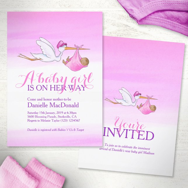 Stork with dark baby girl baby shower invitations (Creator Uploaded)