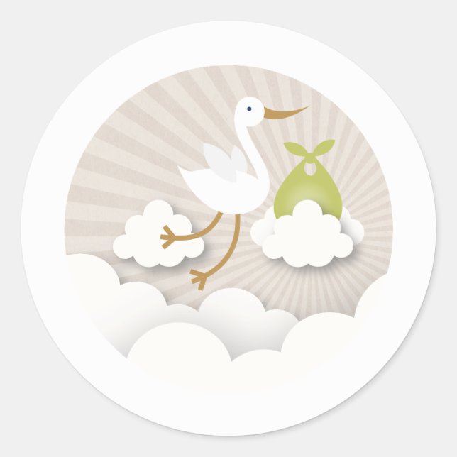 Stork with Green Bundle Neutral Baby Shower Classic Round Sticker (Front)