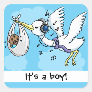 Stork with headphones its a boy square sticker