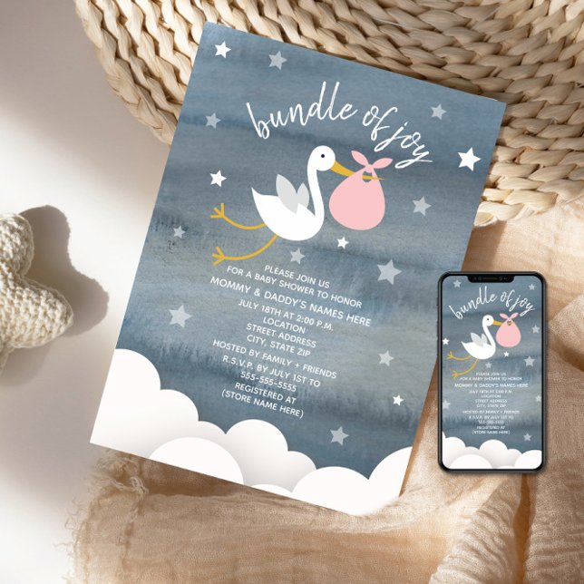 Stork With Pink Bundle Stars Baby Shower Invitation (Creator Uploaded)