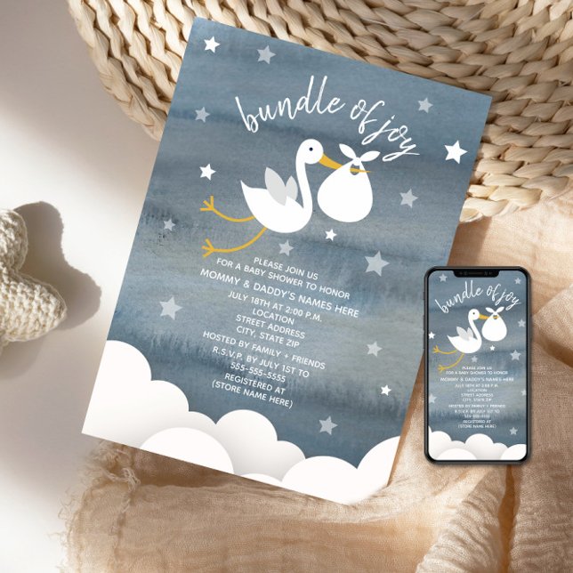 Stork With White Bundle Stars Baby Shower Invitation (Creator Uploaded)
