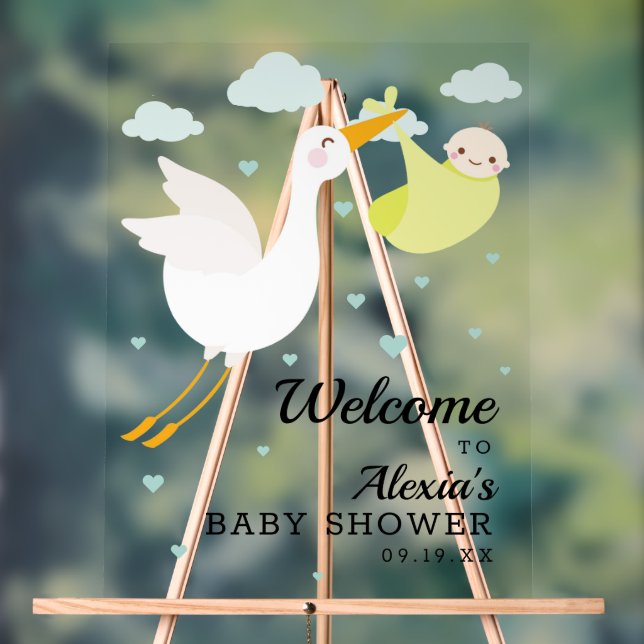 Stork Yellow Bundle Unisex Baby Shower Welcome Acrylic Sign (Neutral)