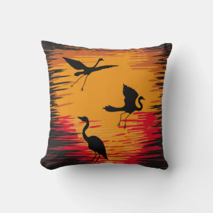 Storks Sunset Silhouette: Colourful Vintage Backdr Cushion