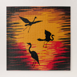 Storks Sunset Silhouette: Colourful Vintage Backdr Jigsaw Puzzle