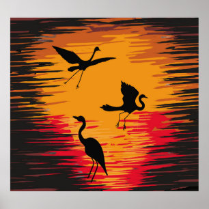 Storks Sunset Silhouette: Colourful Vintage Backdr Poster