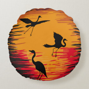 Storks Sunset Silhouette: Colourful Vintage Backdr Round Cushion