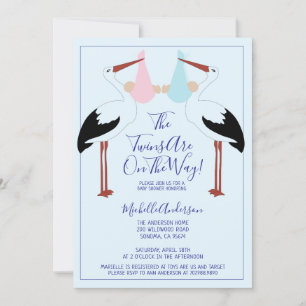 Storks & Twin Blue & Pink Baby Bundles Baby Shower Invitation