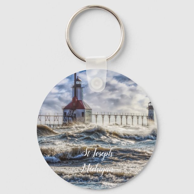 Storm At St Joseph Lighthouse Key Ring (Front)