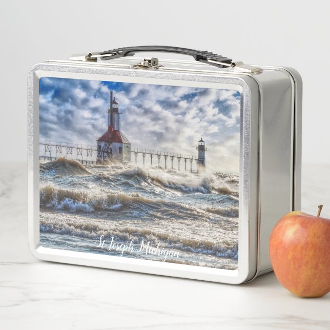 Storm At St Joseph Lighthouse Metal Lunch Box (In Situ)