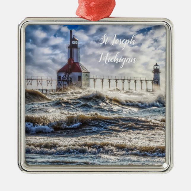 Storm At St Joseph Lighthouse Metal Tree Decoration (Front)