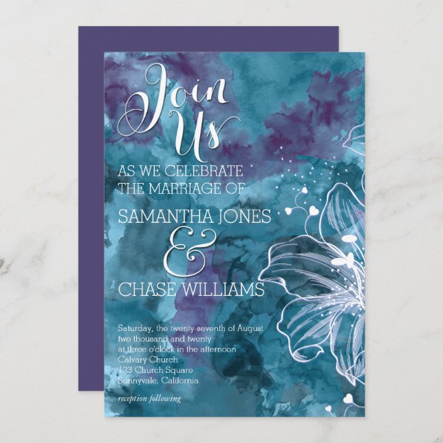 STORM BLUE WATERCOLOR HIBISCUS WEDDING INVITATION (Front/Back)