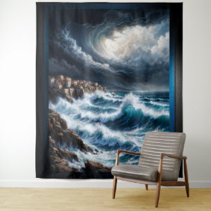 Storm By A Mediterranean Coast AI Art by Xendor7 Tapestry