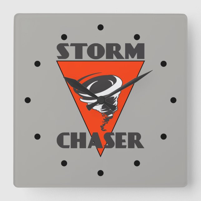 Storm Chaser Tornado and Red Triangle Square Wall Clock (Front)