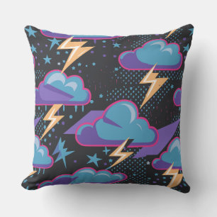 Storm Clouds, Lightning Bolts, and Stars Pattern Cushion