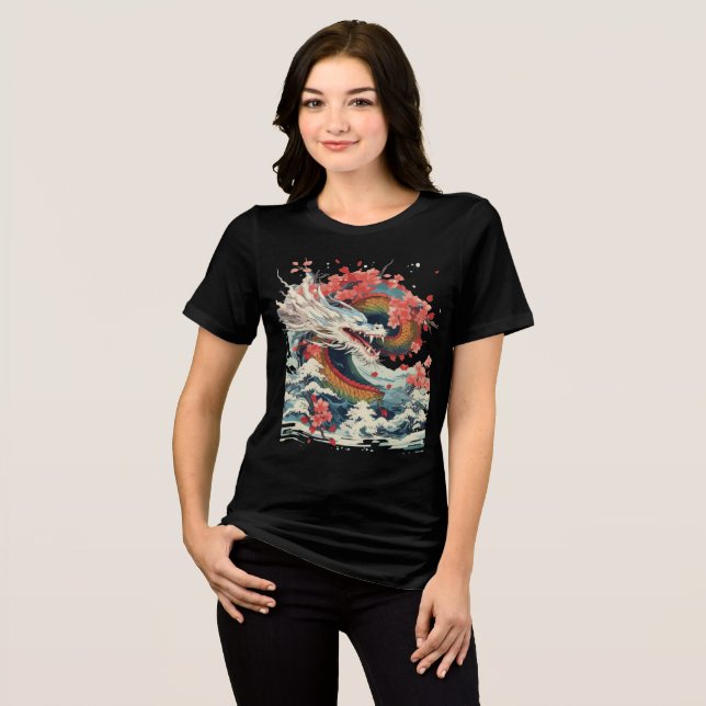 Storm Dragon with Sakura and Waves Tri-Blend Shirt (Front Full)