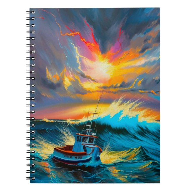 Storm Ocean Boat Striking Colourful Waves Notebook (Front)
